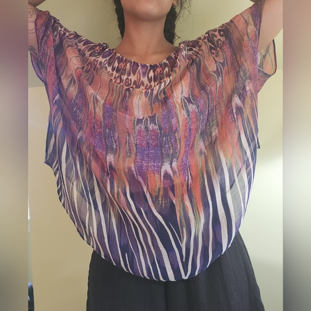 Chicos OS Colorful Sheer Chiffon Blouse Poncho